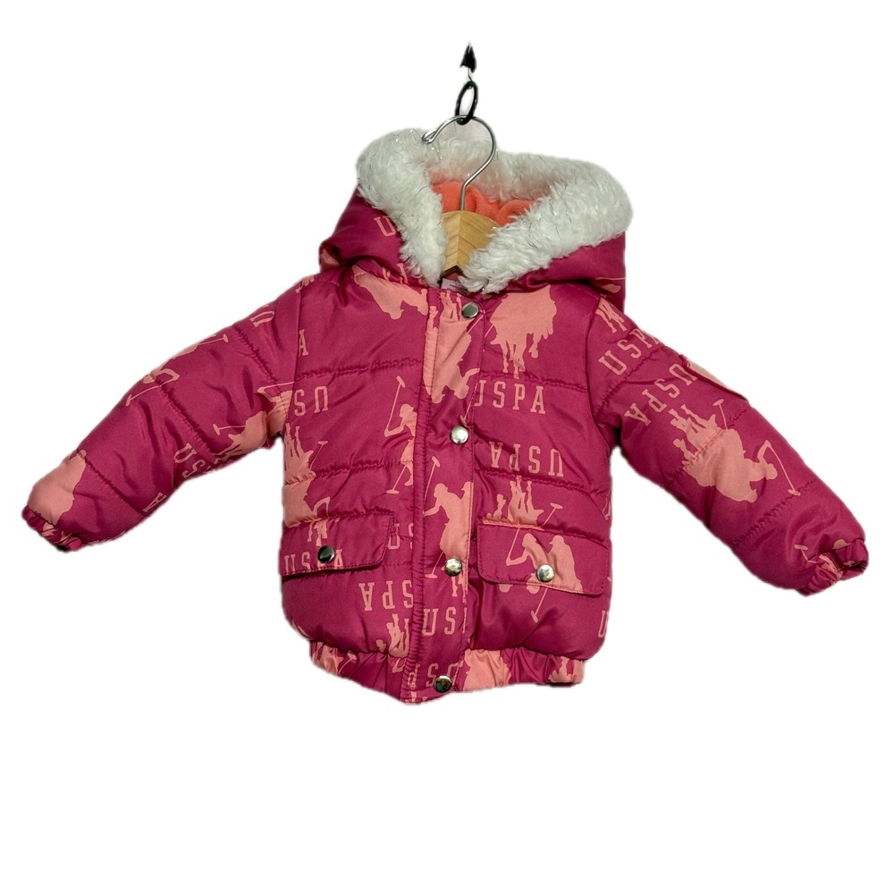 US Polo Assn Kids Puffer Jacket Faux Fur Hood‎ Pink Logo Print 12M